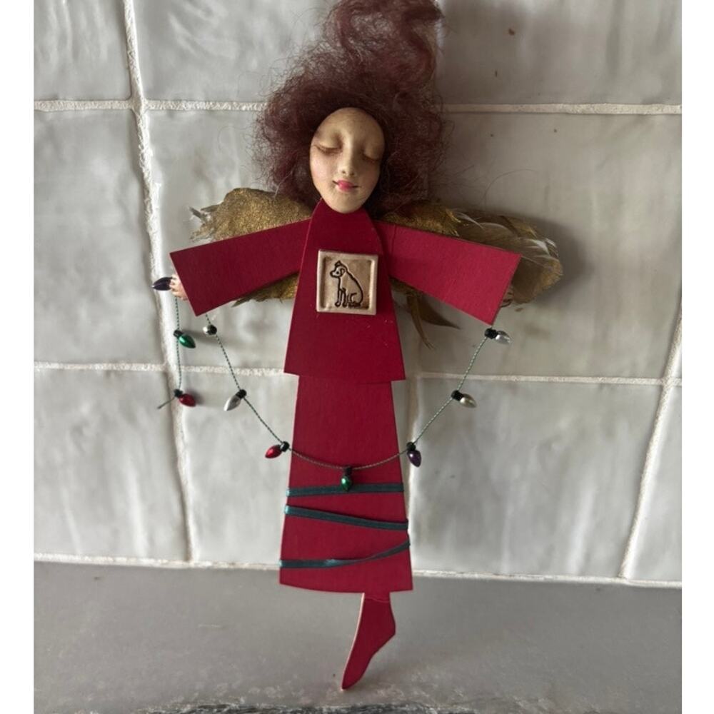 Vintage Folk Art Angel Ornament Signed Mixed Media Christmas Angel w Lights